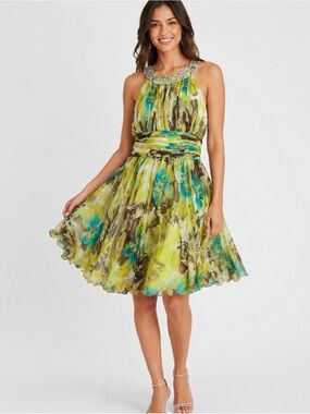 JS Boutique 100% Silk Fairy Y2K Vintage Halter Beaded Empire Waist Midi Dress